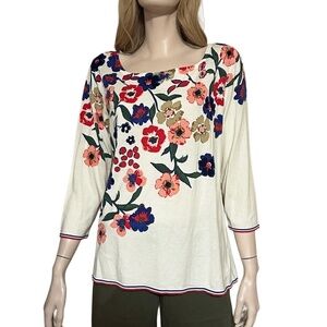Talbots Sweater Vivid Floral Print Bracelet length Sleeve Boat neck Pullover